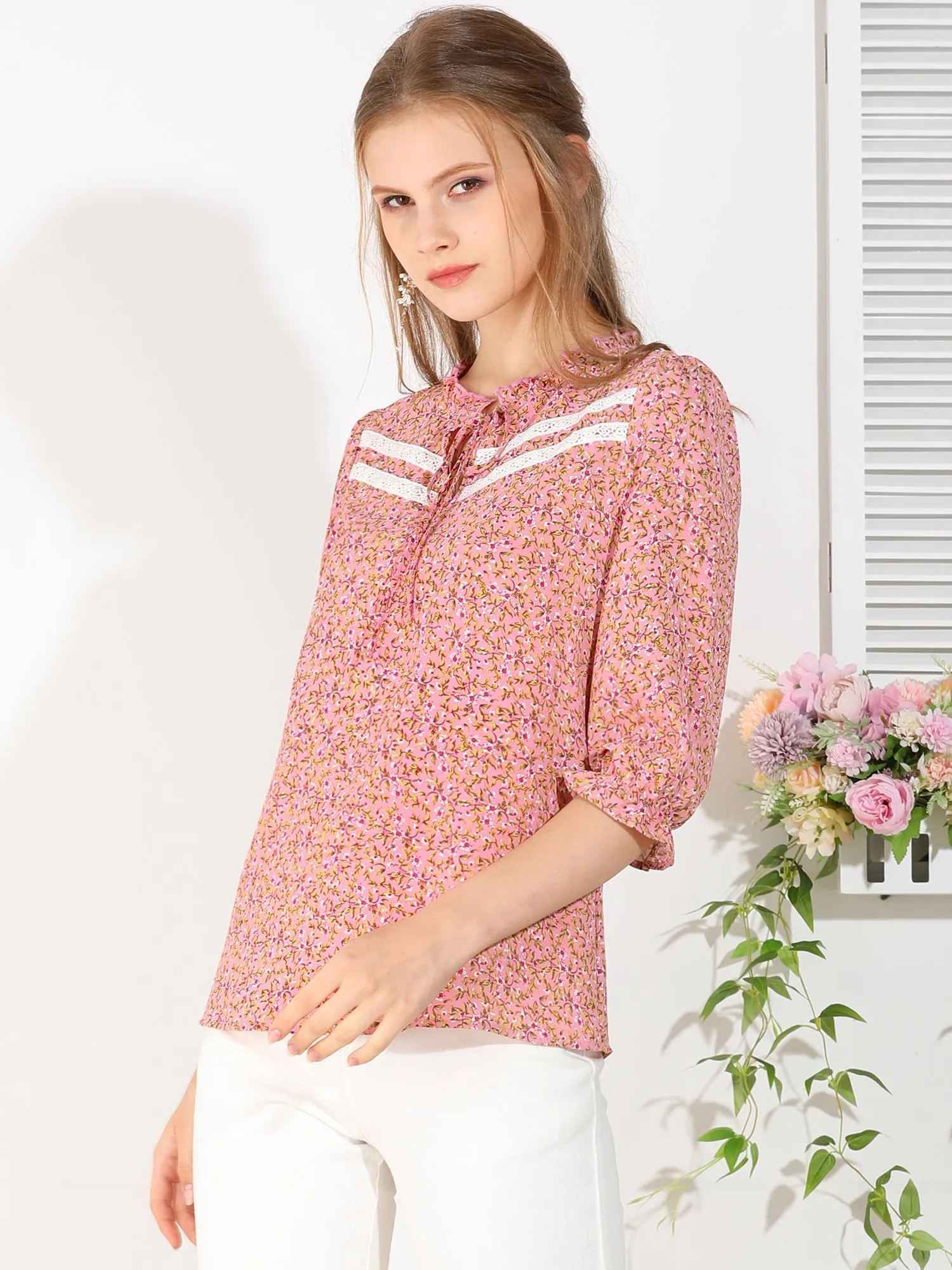 Puff Sleeve Ruffle Frill Neck Floral Blouse Top sold by Allegra K product image thumbnail 3