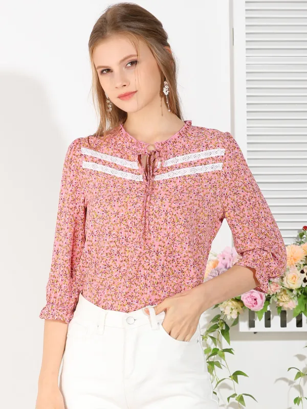 Puff Sleeve Ruffle Frill Neck Floral Blouse Top sold by Allegra K