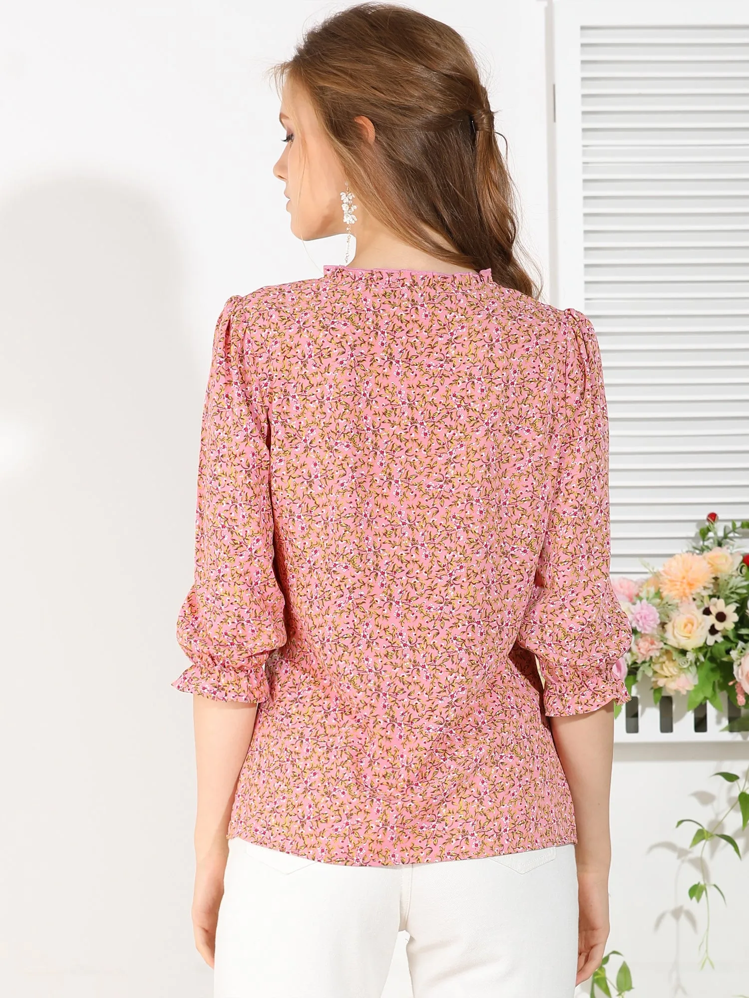 Puff Sleeve Ruffle Frill Neck Floral Blouse Top sold by Allegra K product image thumbnail 4