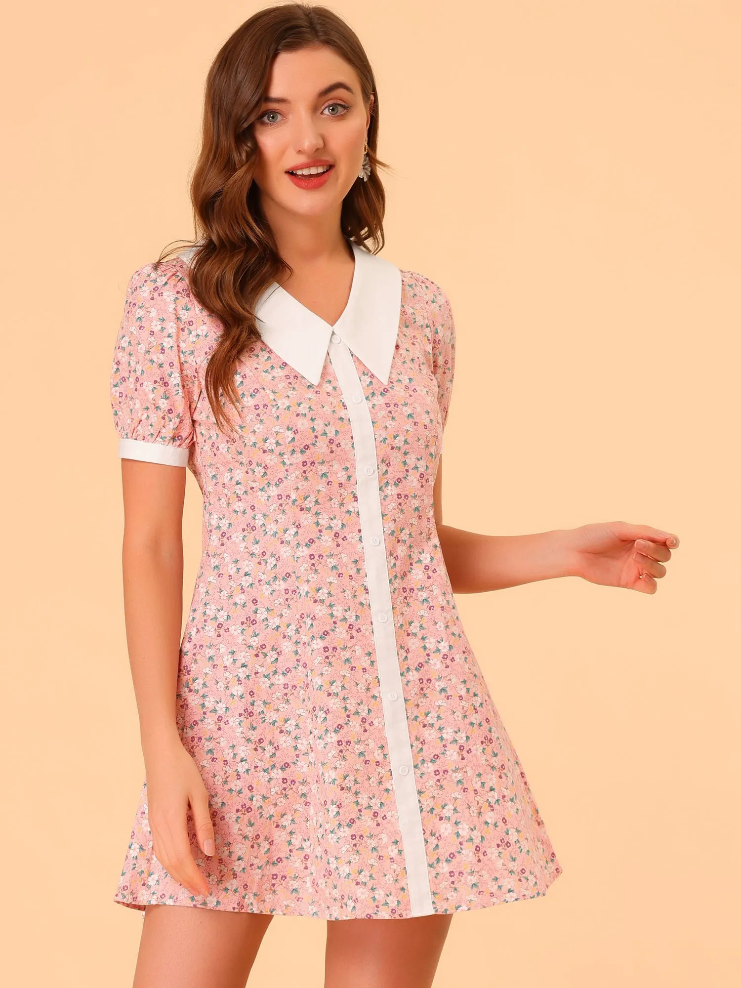 Cotton Collared Floral Print Button Down Belted Waist Shirt Dress sold by Allegra K product image thumbnail 3
