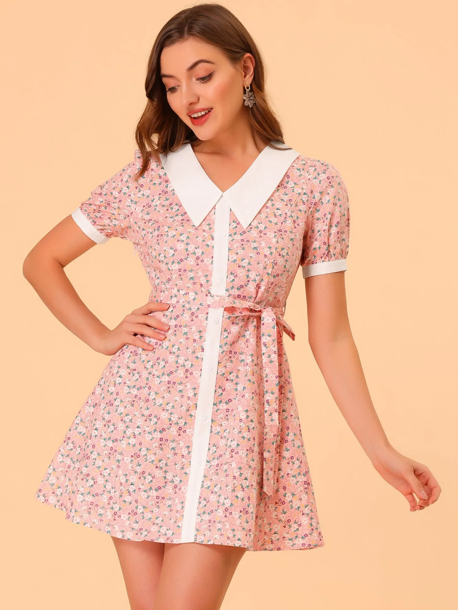 Cotton Collared Floral Print Button Down Belted Waist Shirt Dress sold by Allegra K product image thumbnail 2
