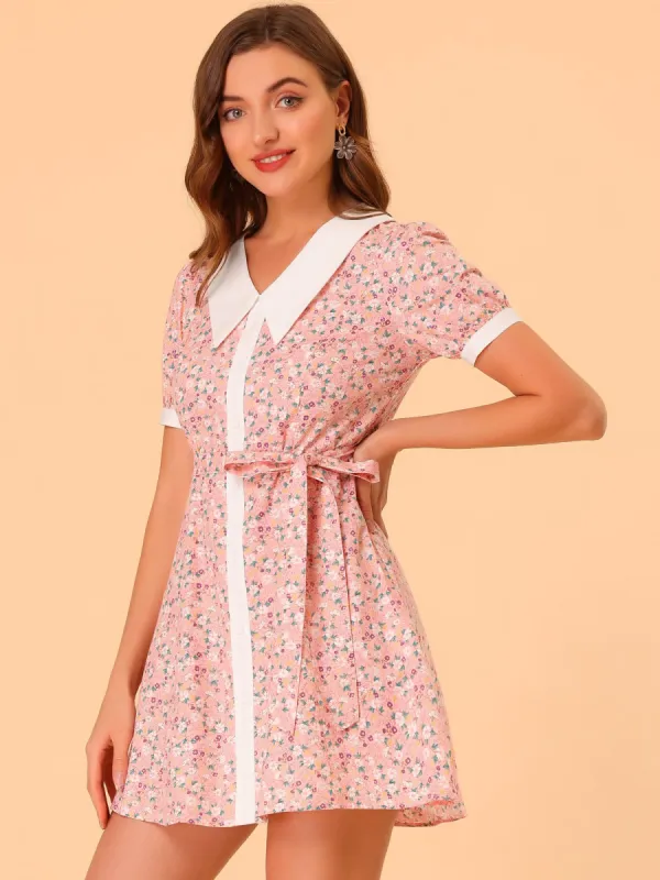 Cotton Collared Floral Print Button Down Belted Waist Shirt Dress sold by Allegra K