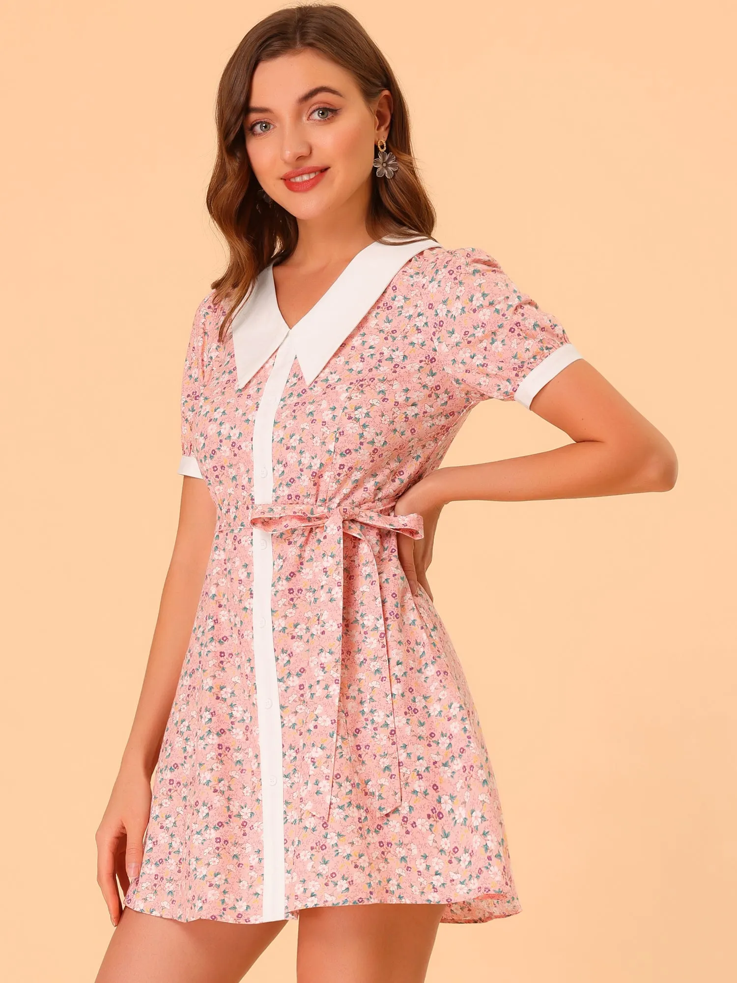 Cotton Collared Floral Print Button Down Belted Waist Shirt Dress sold by Allegra K