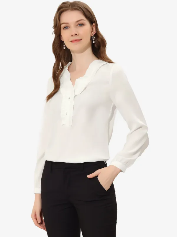Work Blouse Frilled Neck Solid Color Long Sleeve Top sold by Allegra K