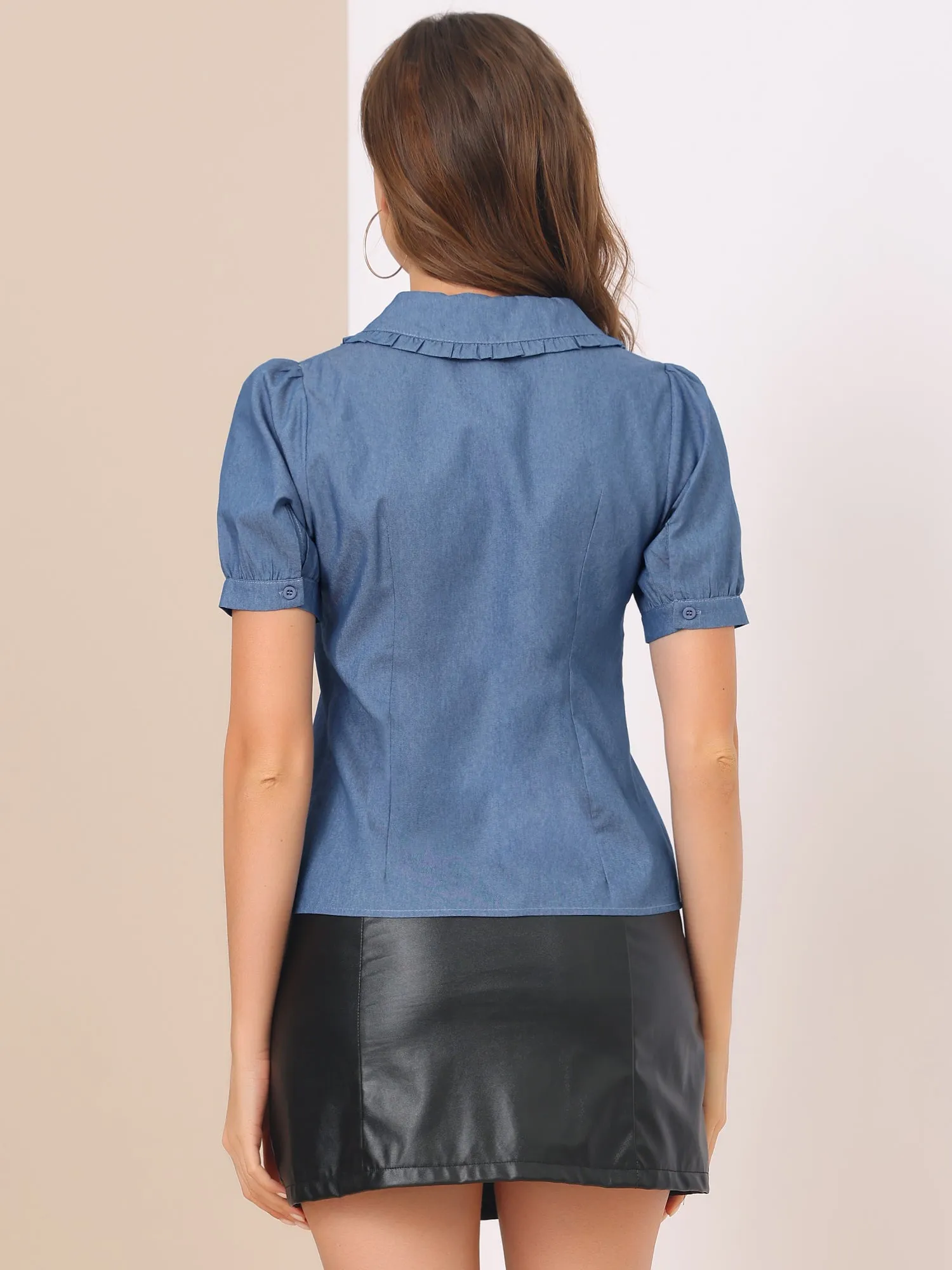 Chambray Shirt Peter Pan Collar Puff Sleeve Vintage Denim Blouse sold by Allegra K product image thumbnail 3