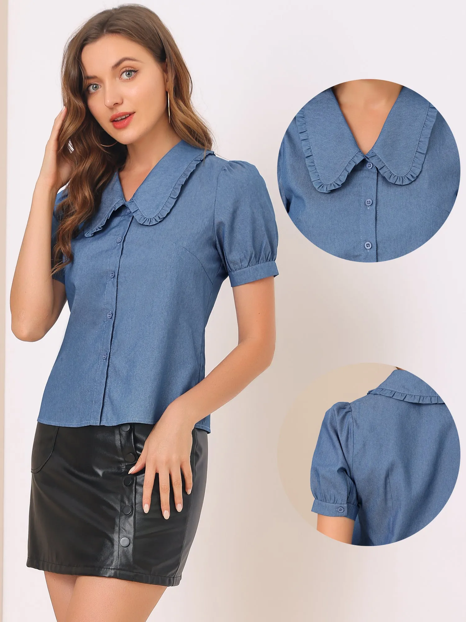 Chambray Shirt Peter Pan Collar Puff Sleeve Vintage Denim Blouse sold by Allegra K product image thumbnail 2