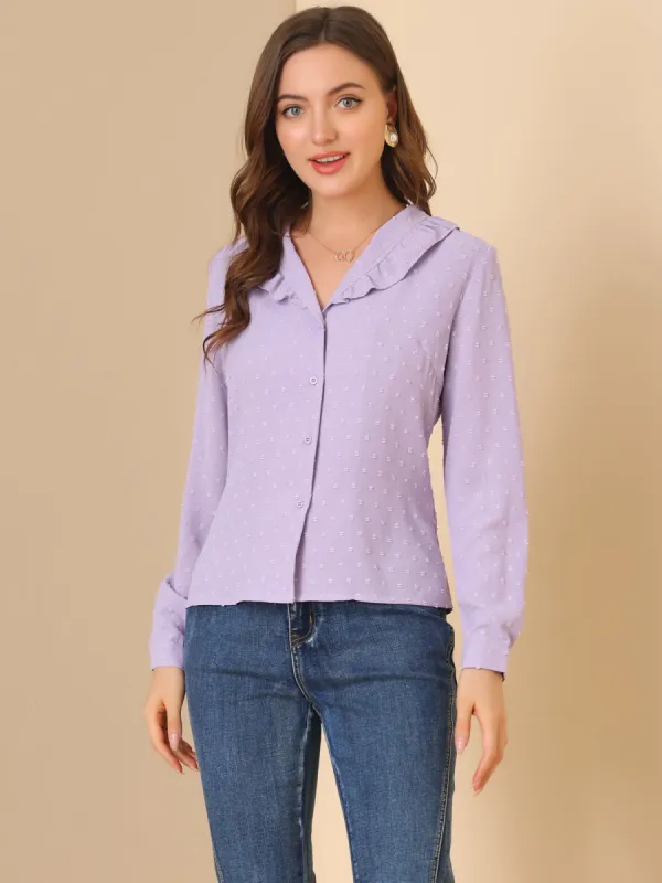 Swiss Dots Long Sleeve Button Front Ruffled Collar Shirt sold by Allegra K