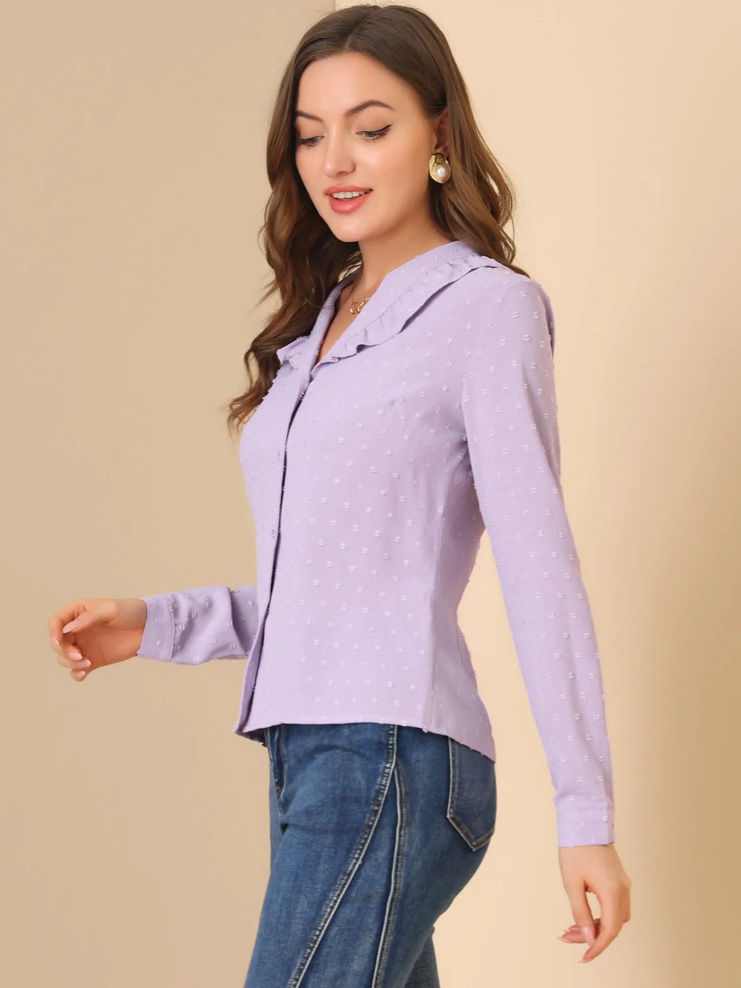 Swiss Dots Long Sleeve Button Front Ruffled Collar Shirt sold by Allegra K product image thumbnail 4