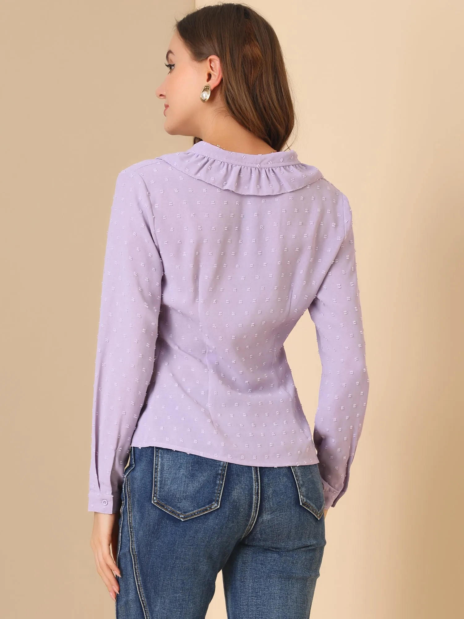 Swiss Dots Long Sleeve Button Front Ruffled Collar Shirt sold by Allegra K product image thumbnail 2