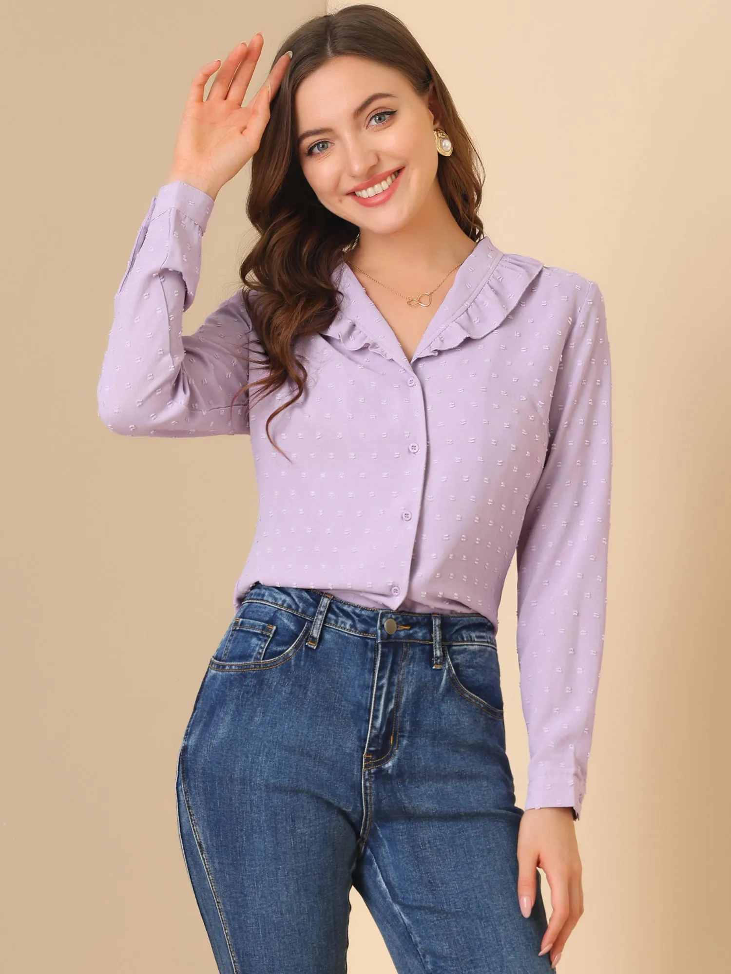 Swiss Dots Long Sleeve Button Front Ruffled Collar Shirt sold by Allegra K product image thumbnail 3