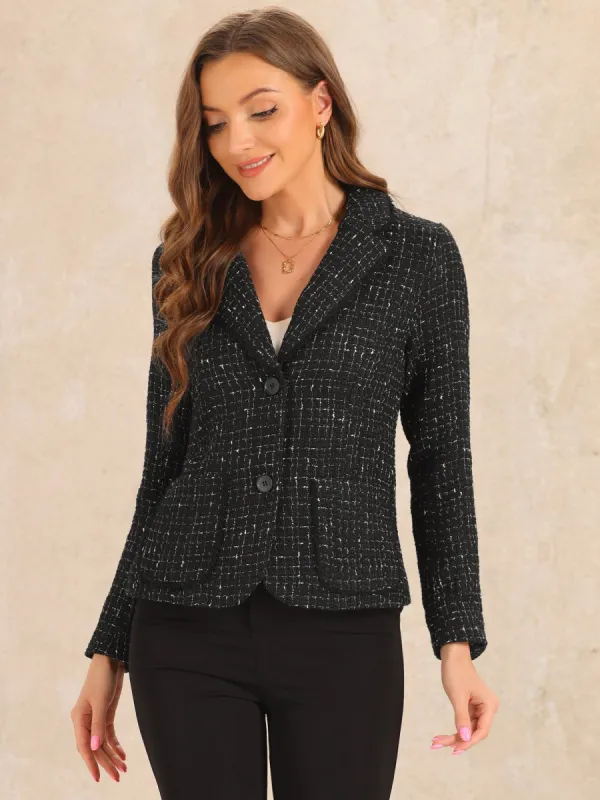 Plaid Tweed Notched Lapel Button Long Sleeve Blazer Jackets sold by Allegra K