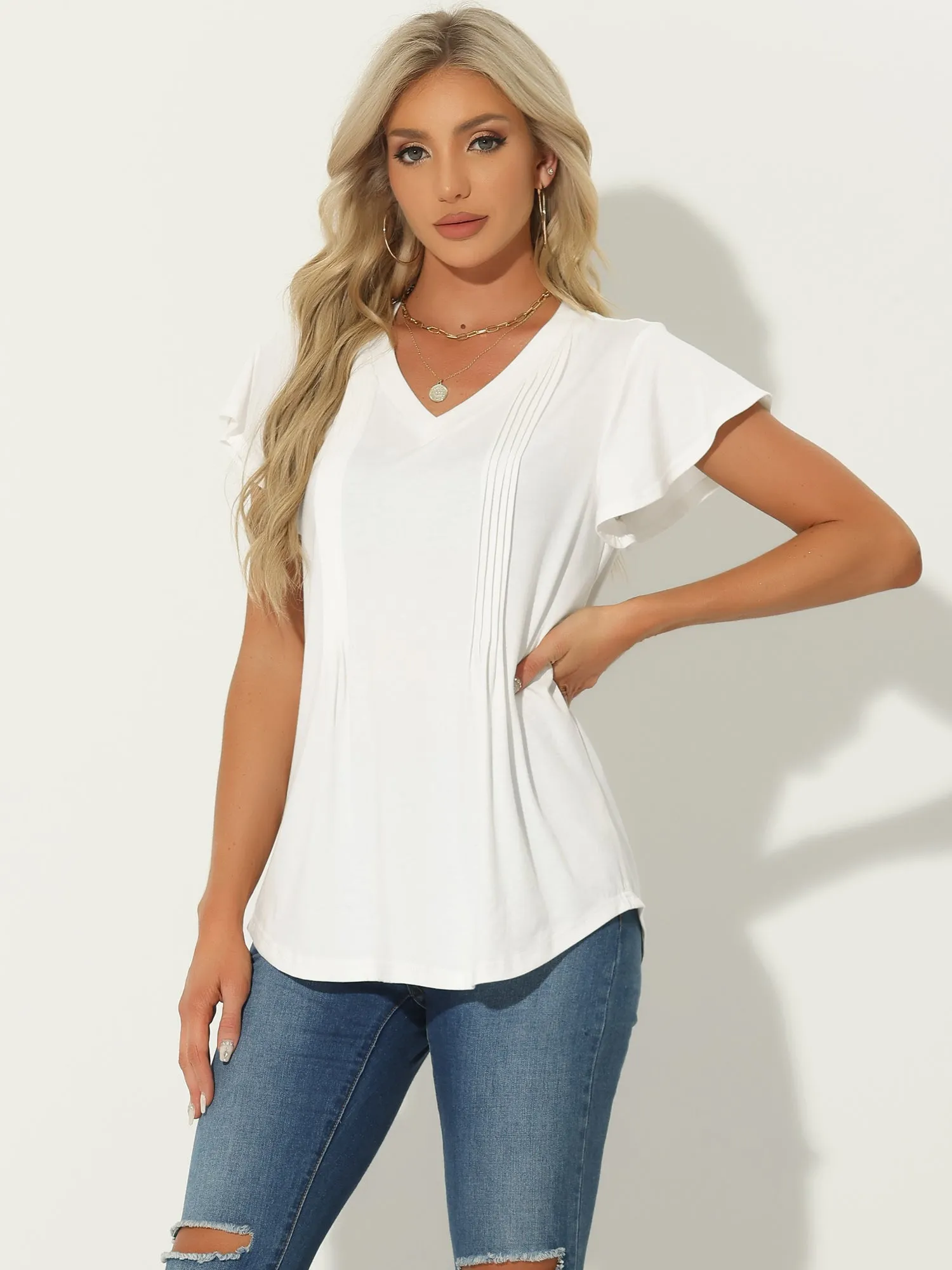 Flare Sleeves Pleated Casual V Neck Tunic Blouse sold by Allegra K product image thumbnail 4