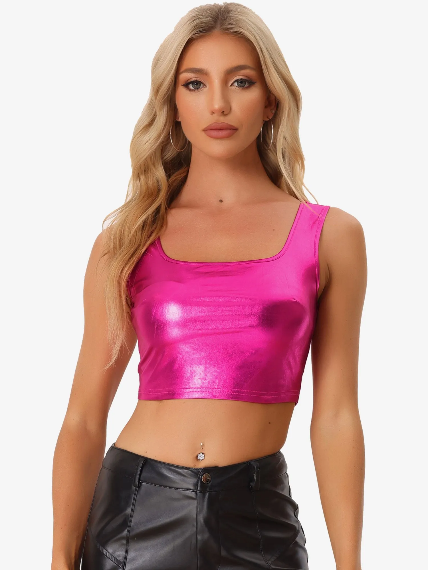 Sleeveless U Neck Party Holographic Shiny Metallic Crop Top sold by Allegra K product image thumbnail 4