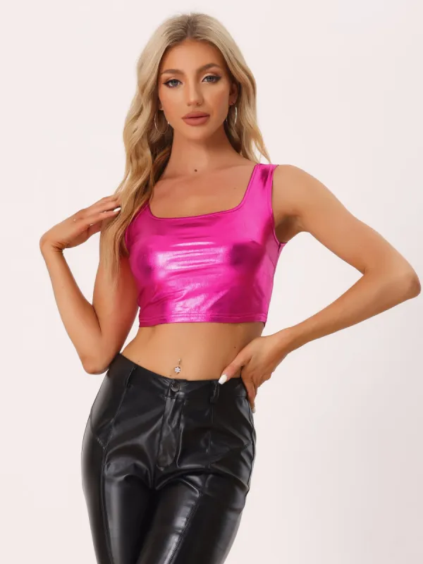 Sleeveless U Neck Party Holographic Shiny Metallic Crop Top sold by Allegra K