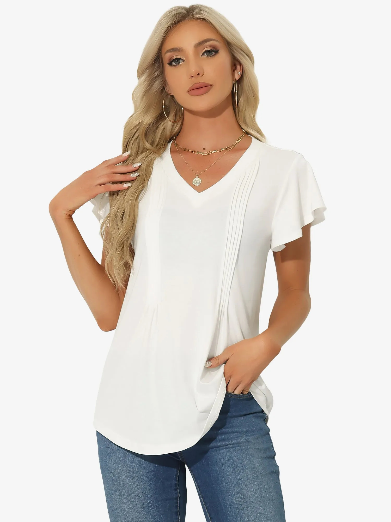 Flare Sleeves Pleated Casual V Neck Tunic Blouse sold by Allegra K
