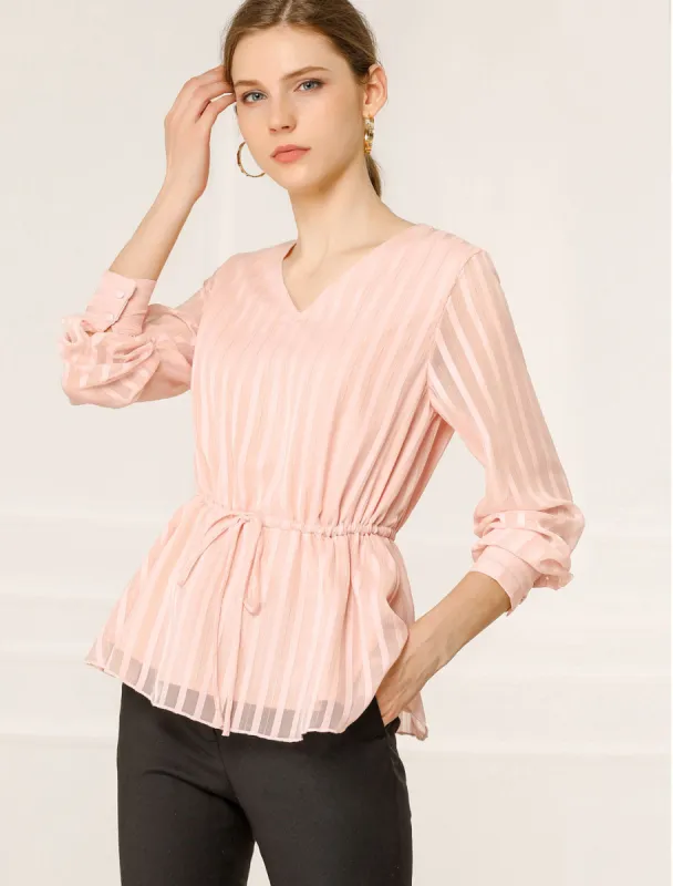 Peplum Tops V Neck Tie Waist Work Shirt Long Sleeve Chiffon Blouse sold by Allegra K