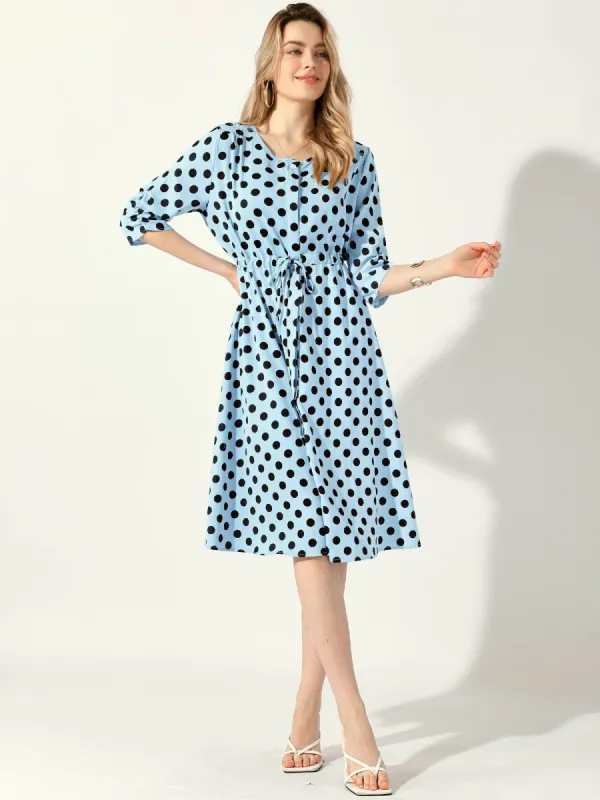 Polka Dots Print Ruched Sleeve Button Drawstring Waist Midi Dress sold by Allegra K