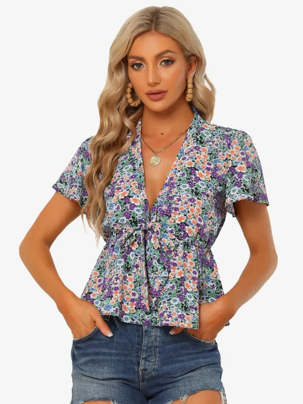 Tie Front Tops Deep V Neck Flared Short Sleeve Floral Peplum Top sold by Allegra K