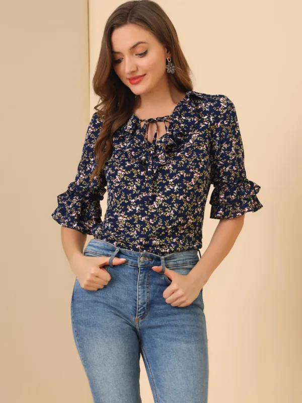 Ruffled Tie Neck Floral Ruffle Half Sleeve Chiffon Blouse sold by Allegra K