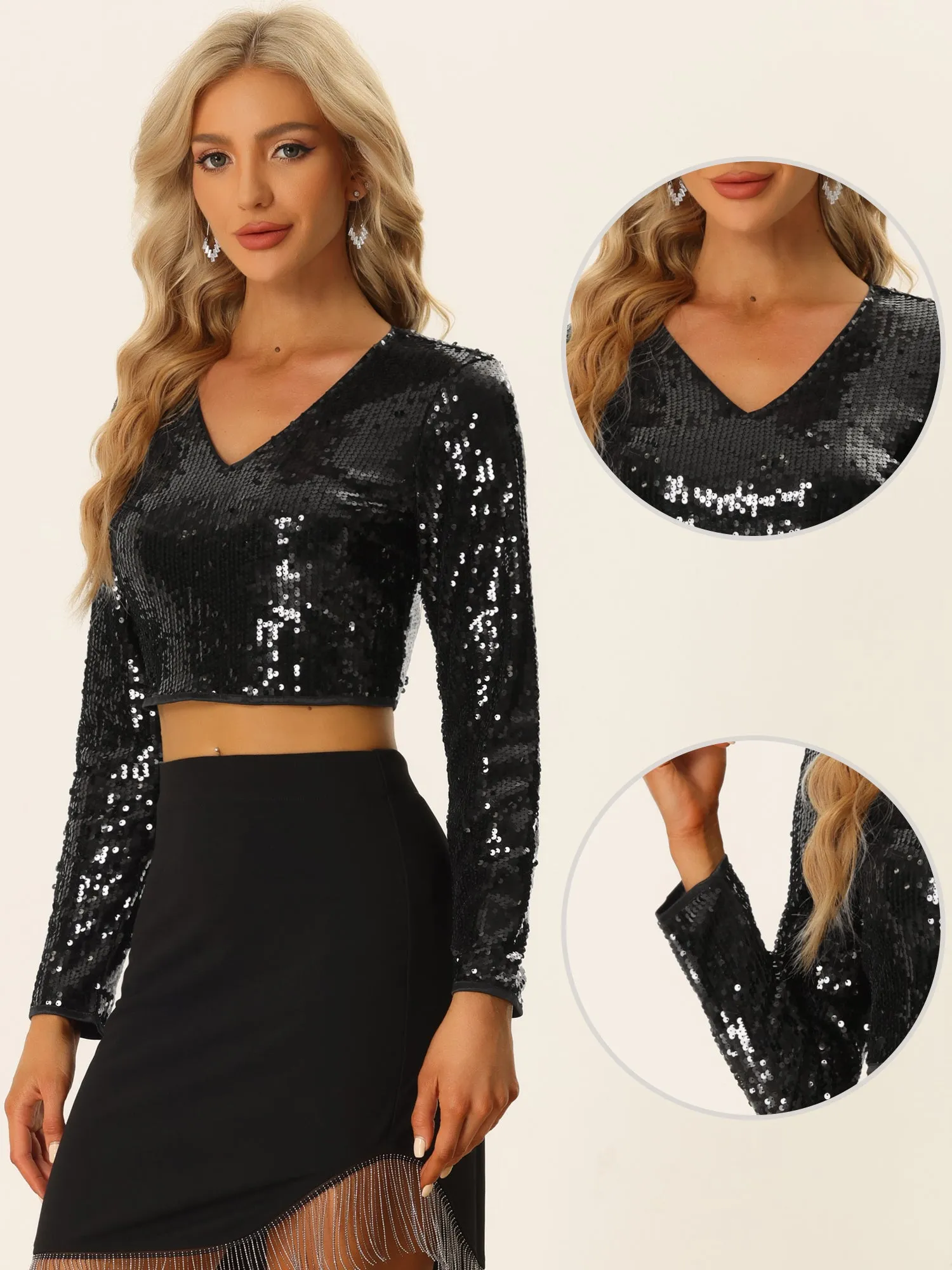 Sequin Long Sleeve V Neck Sparkly Shiny Crop Top Blouse sold by Allegra K product image thumbnail 2