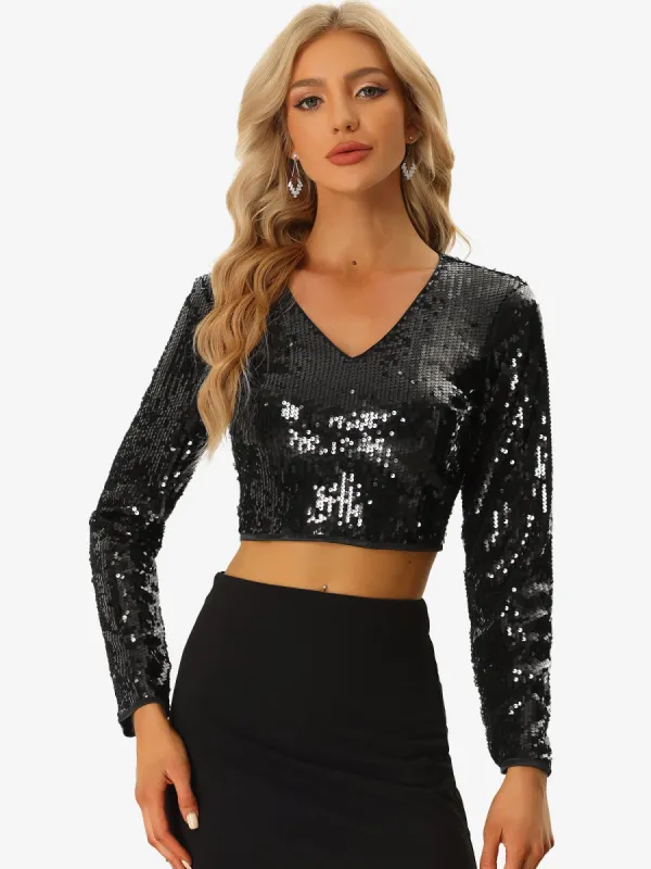 Sequin Long Sleeve V Neck Sparkly Shiny Crop Top Blouse sold by Allegra K