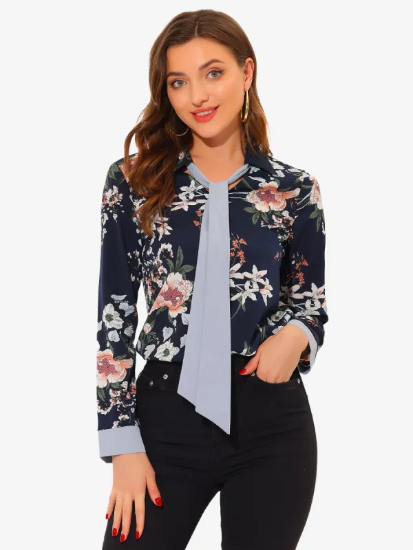Elegant Office V Neck Bow Tie Long Sleeve Contrast Floral Blouse sold by Allegra K
