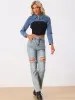 Button Up Long Sleeve Cropped Denim Jean Jacket Shrug sold by Allegra K