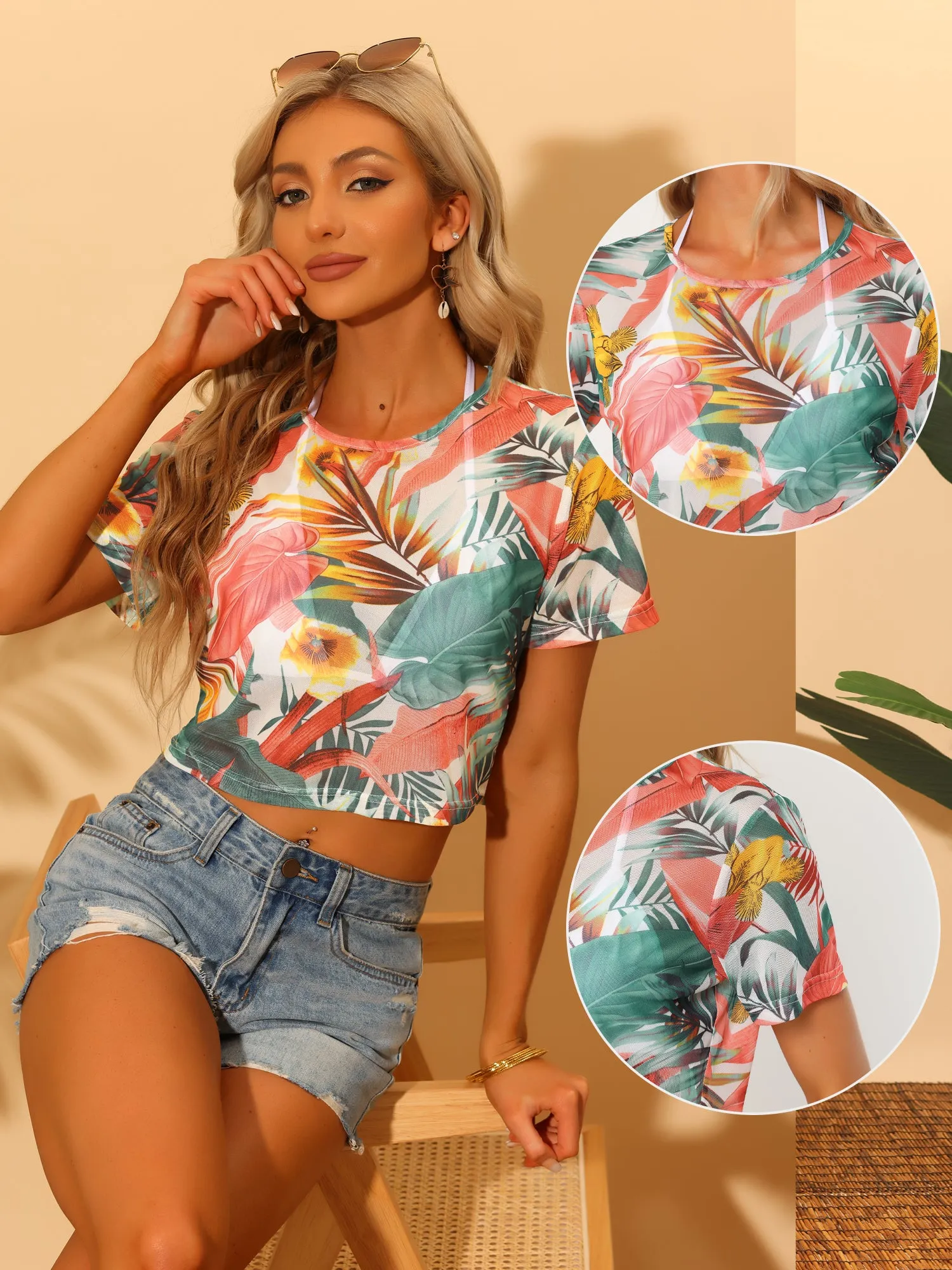 Hawaiian Sheer Short Sleeve Leaves Print Tropical Crop Top sold by Allegra K product image thumbnail 2
