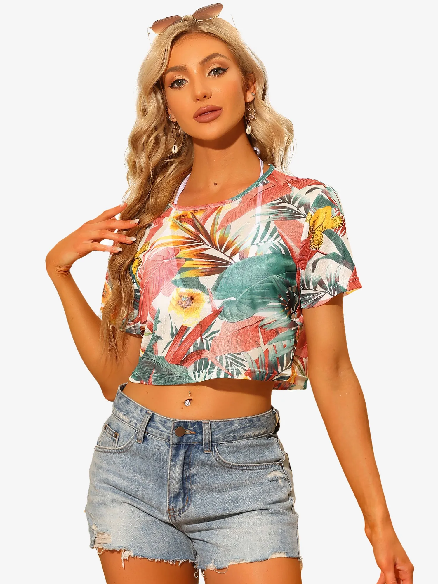 Hawaiian Sheer Short Sleeve Leaves Print Tropical Crop Top sold by Allegra K