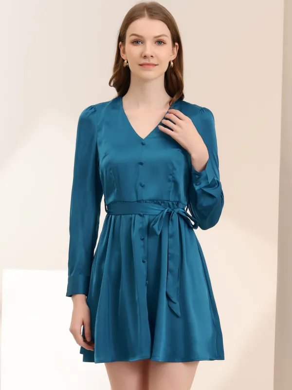 Long Sleeve V Neck A-Line Belted Satin Office Shirt Dress sold by Allegra K