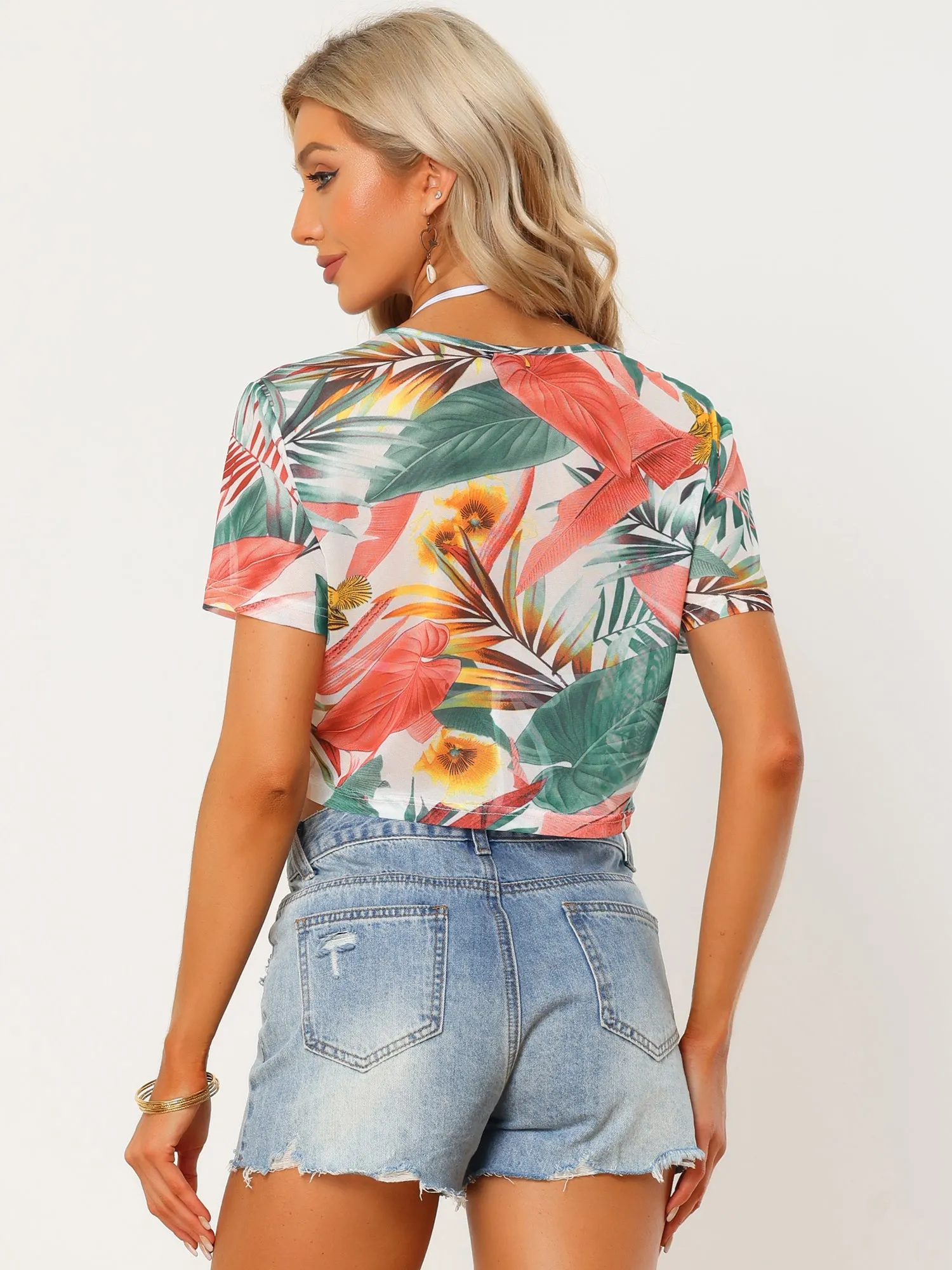 Hawaiian Sheer Short Sleeve Leaves Print Tropical Crop Top sold by Allegra K product image thumbnail 3