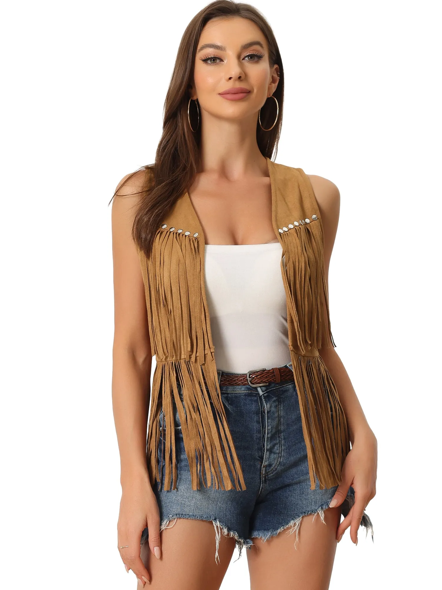 Fringe Open Front 70s Outfits Faux Suede Tassel Vest sold by Allegra K product image thumbnail 5