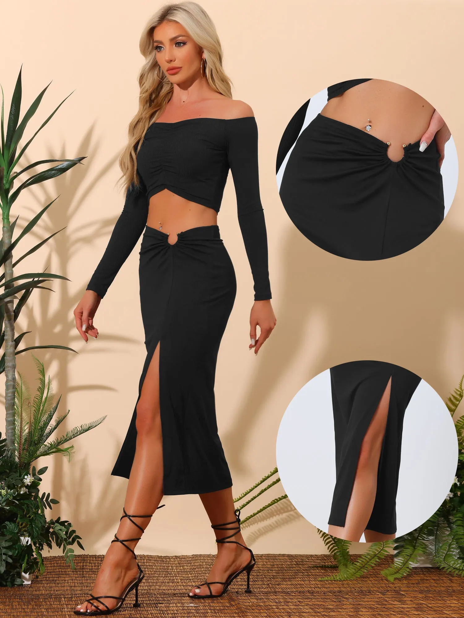 Ruched Split High Waist Keyhole Midi Bodycon Pencil Skirts sold by Allegra K product image thumbnail 2