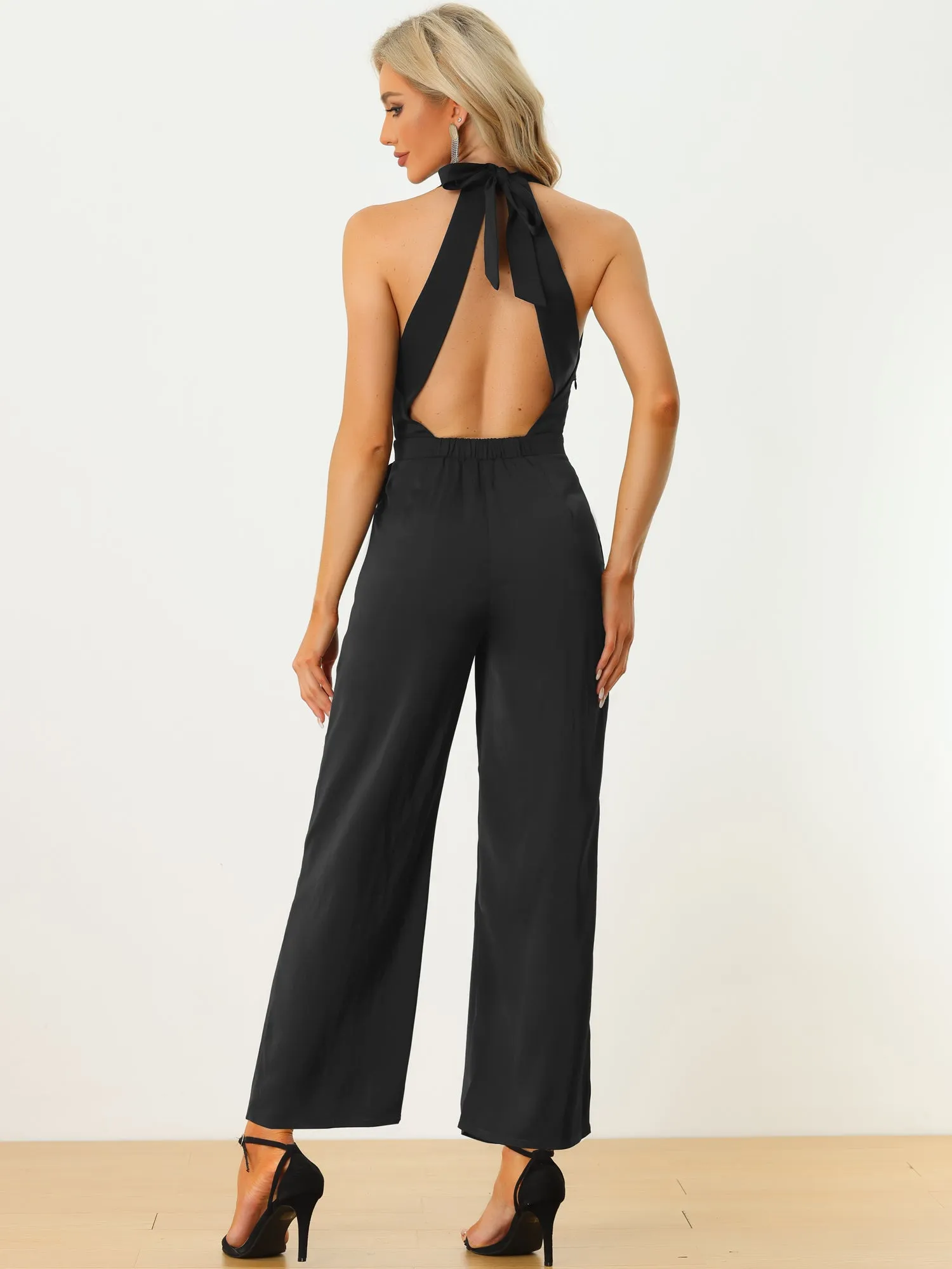 Sexy Deep V Neck Halter Neck Open Back High Waist Wide Leg Jumpsuit sold by Allegra K product image thumbnail 4