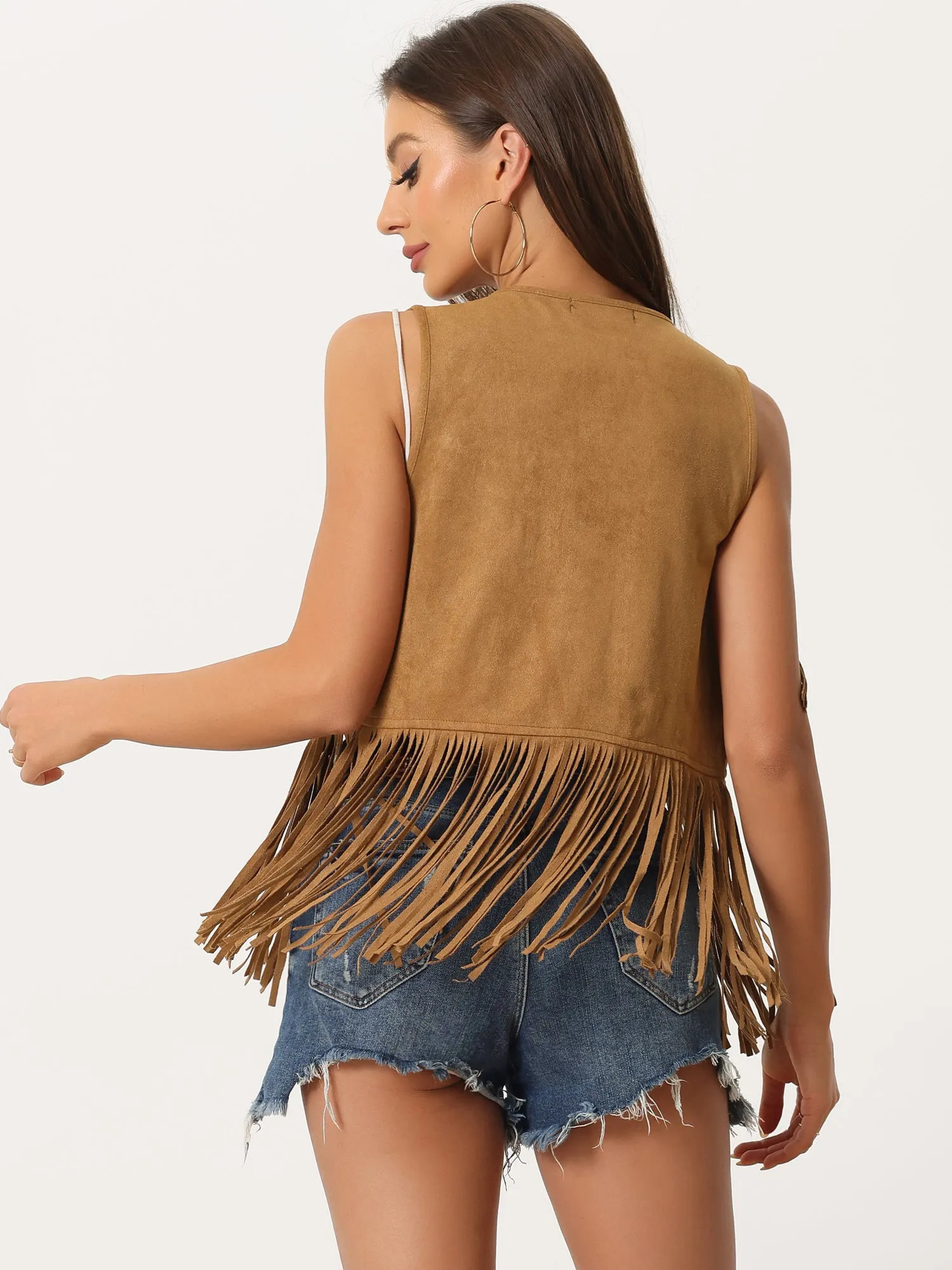 Fringe Open Front 70s Outfits Faux Suede Tassel Vest sold by Allegra K product image thumbnail 3