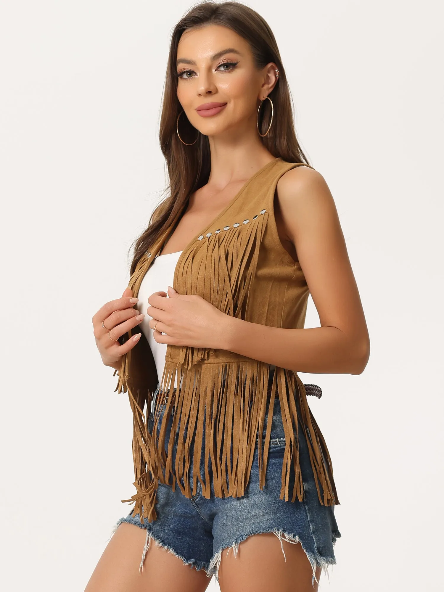 Fringe Open Front 70s Outfits Faux Suede Tassel Vest sold by Allegra K product image thumbnail 2