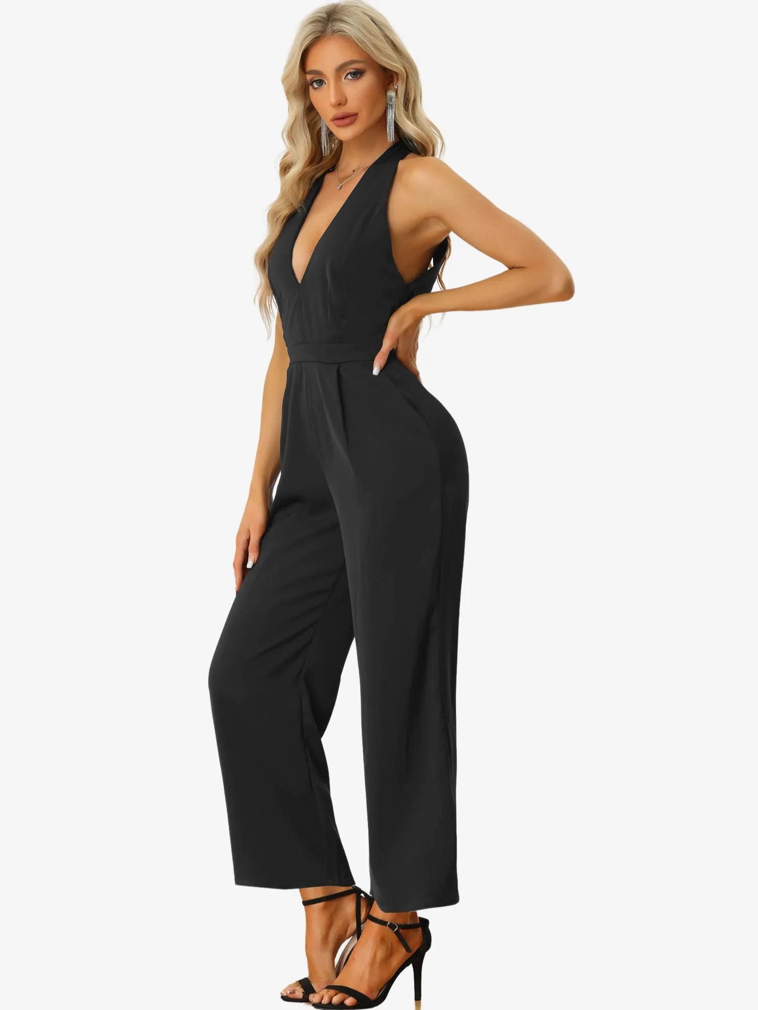 Sexy Deep V Neck Halter Neck Open Back High Waist Wide Leg Jumpsuit sold by Allegra K