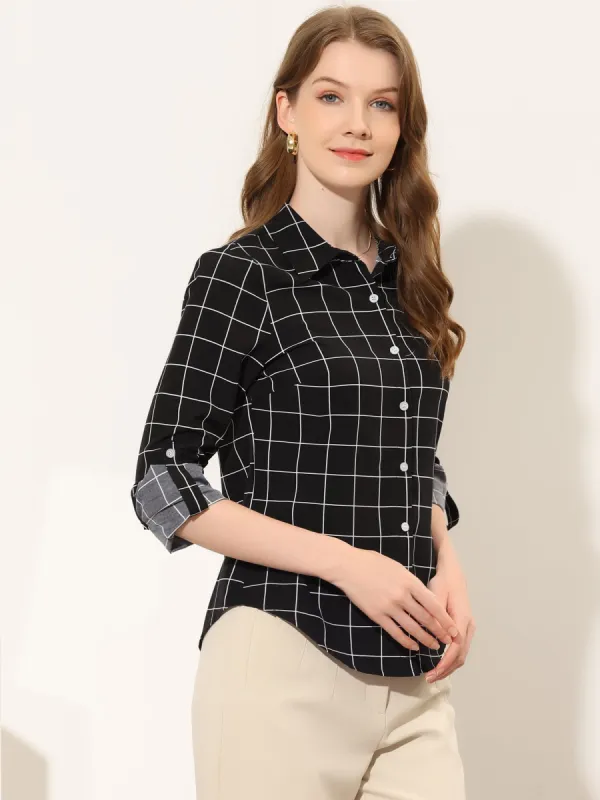 Work Button Down Shirt Roll Up Long Sleeve Plaid Check Blouse Top sold by Allegra K
