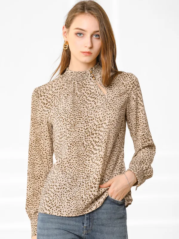 Mock Neck Smocked Printed Blouse Button Keyhole Long Sleeve Shirt sold by Allegra K