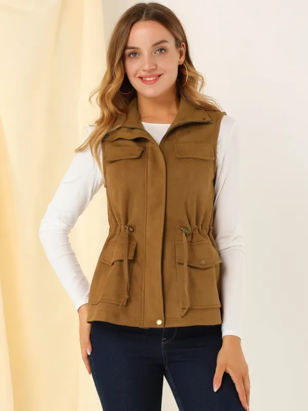 Faux Suede Lapel Utility Drawstring Waist Zip Up Jacket Vest sold by Allegra K