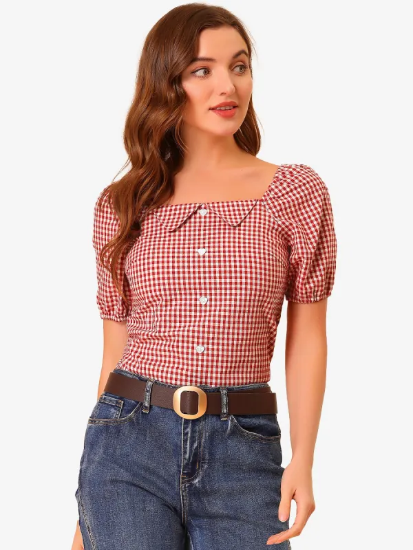 Square Neck Blouse Smocked Back Puff Sleeve Check Plaid Shirt sold by Allegra K