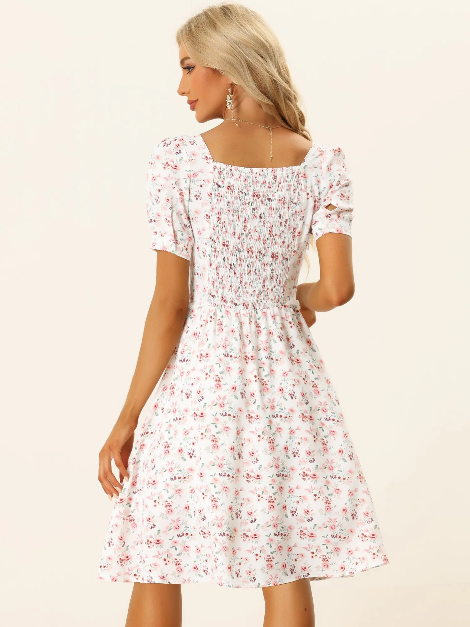 Floral Lace Up Smocked Back Ruffle Summer A-Line Midi Dress sold by Allegra K product image thumbnail 3