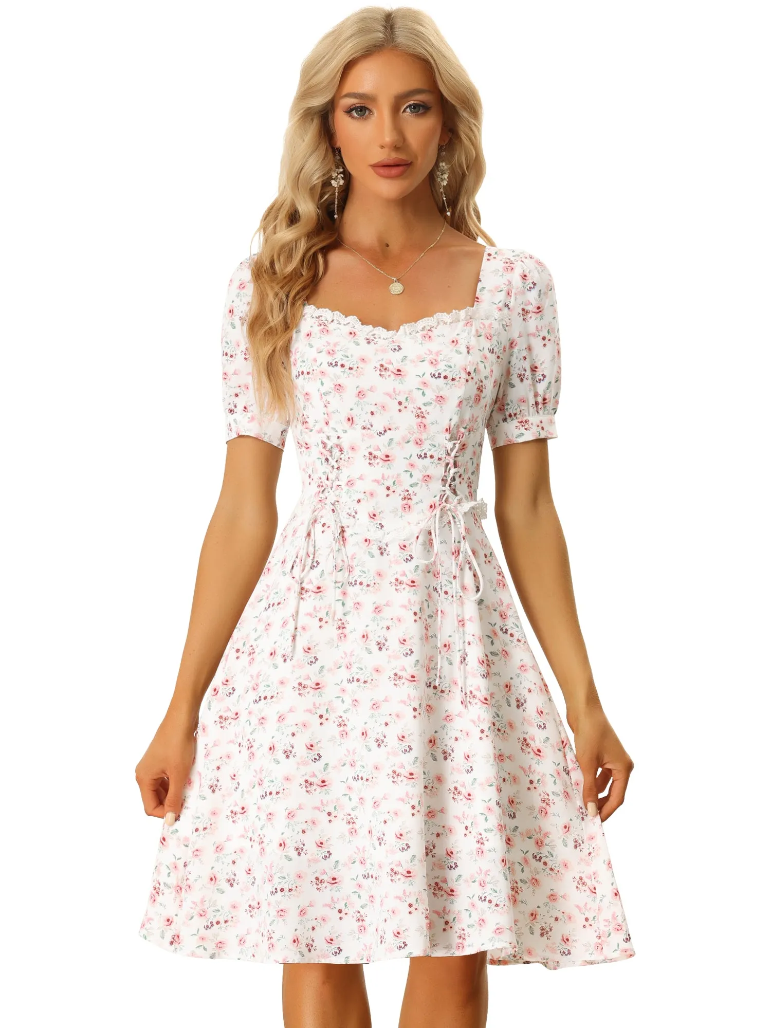 Floral Lace Up Smocked Back Ruffle Summer A-Line Midi Dress sold by Allegra K product image thumbnail 4