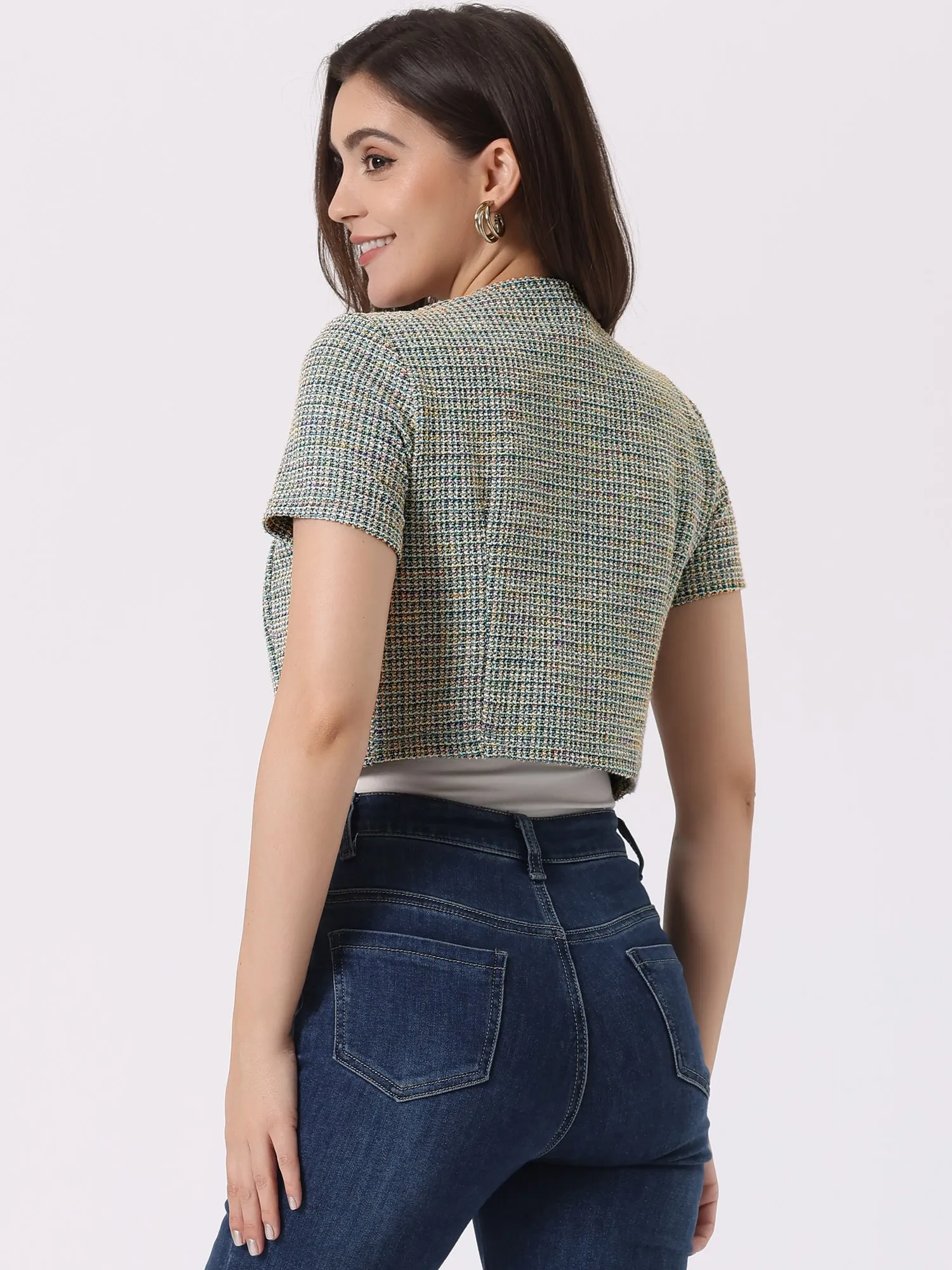 Tweed Open Front Short Sleeve Cropped Jacket sold by Allegra K product image thumbnail 3