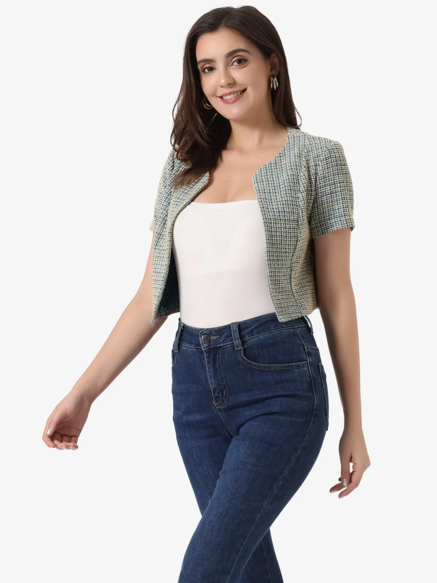 Tweed Open Front Short Sleeve Cropped Jacket sold by Allegra K