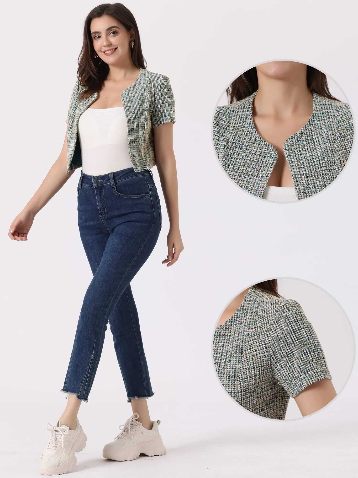 Tweed Open Front Short Sleeve Cropped Jacket sold by Allegra K product image thumbnail 2