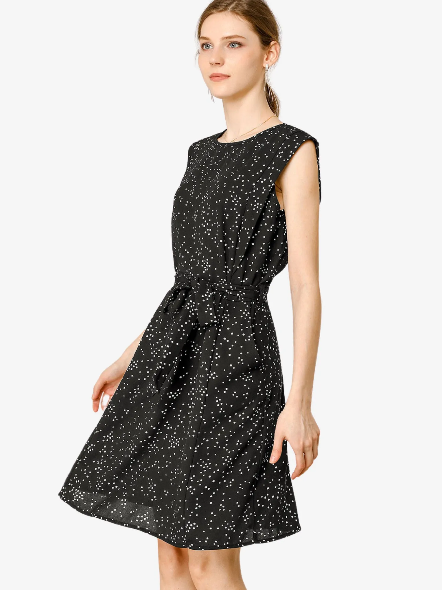 Polka Dot Printed Sleeveless Loose Tie Waist Pocket Shift Dress sold by Allegra K