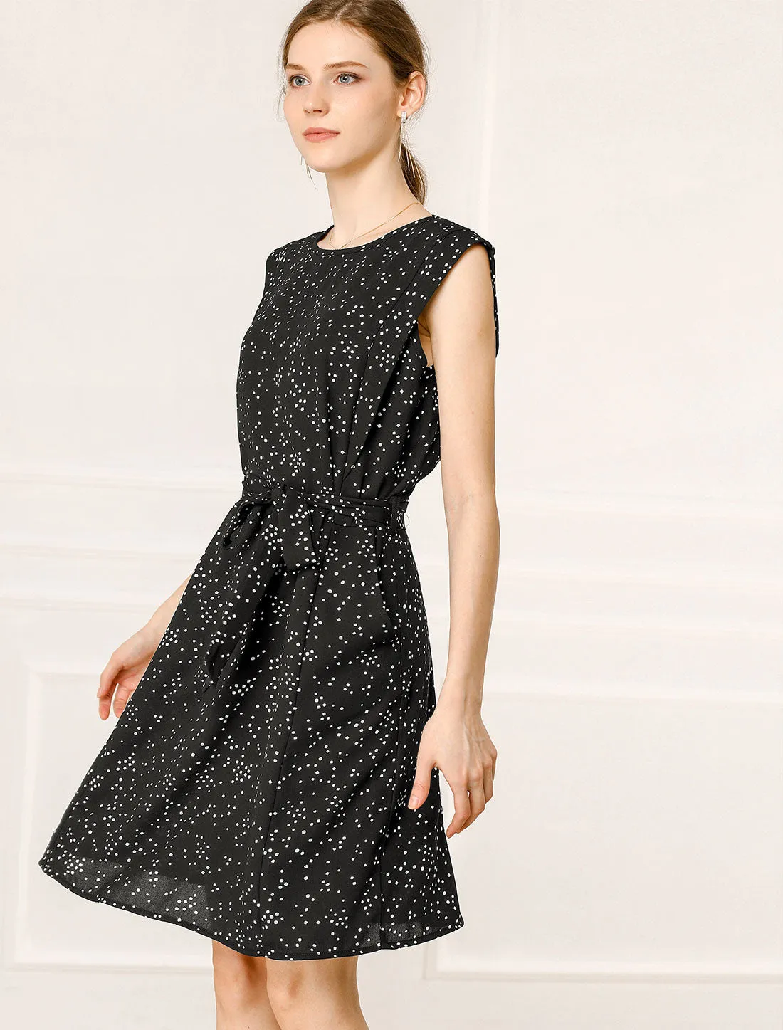 Polka Dot Printed Sleeveless Loose Tie Waist Pocket Shift Dress sold by Allegra K product image thumbnail 2