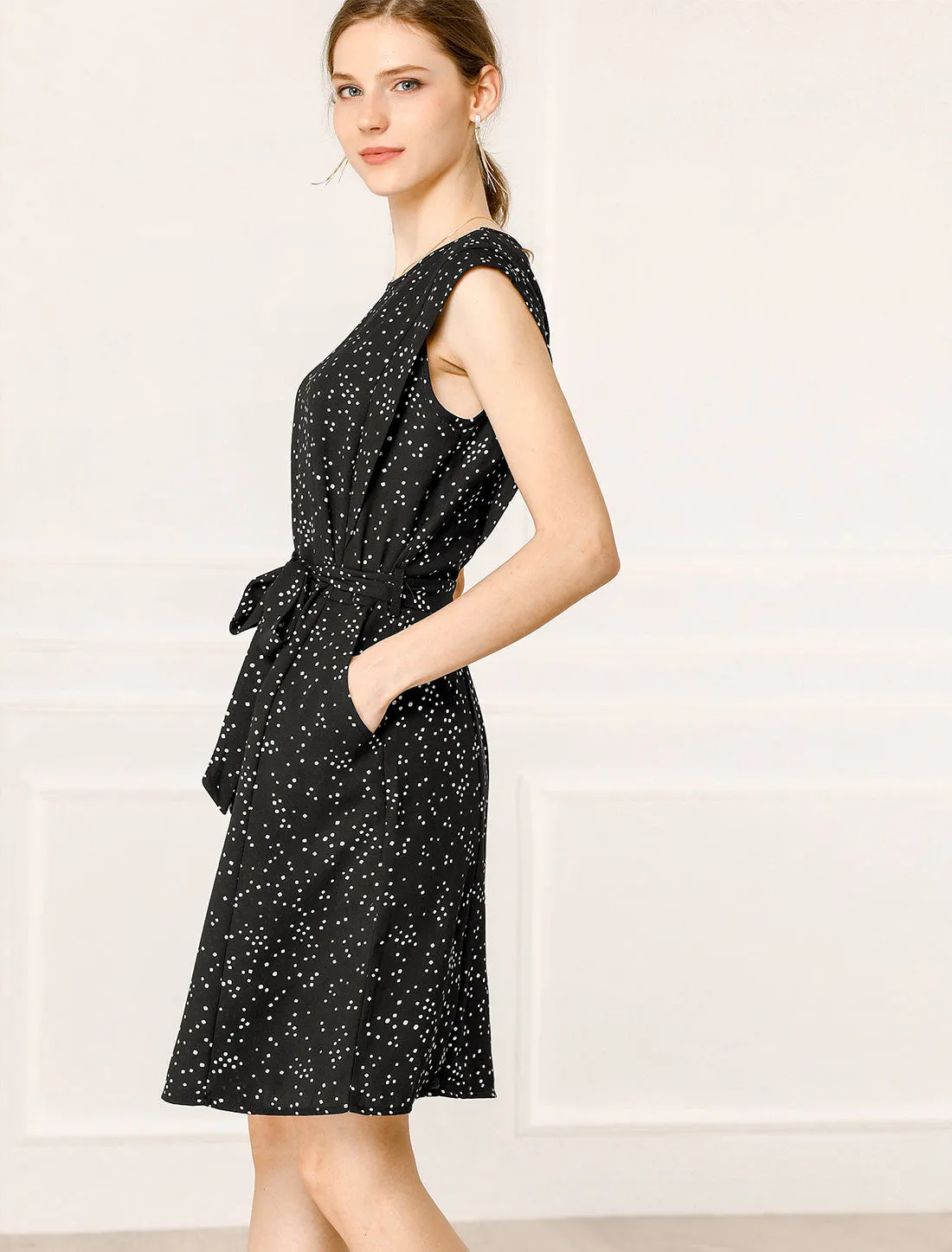Polka Dot Printed Sleeveless Loose Tie Waist Pocket Shift Dress sold by Allegra K product image thumbnail 4
