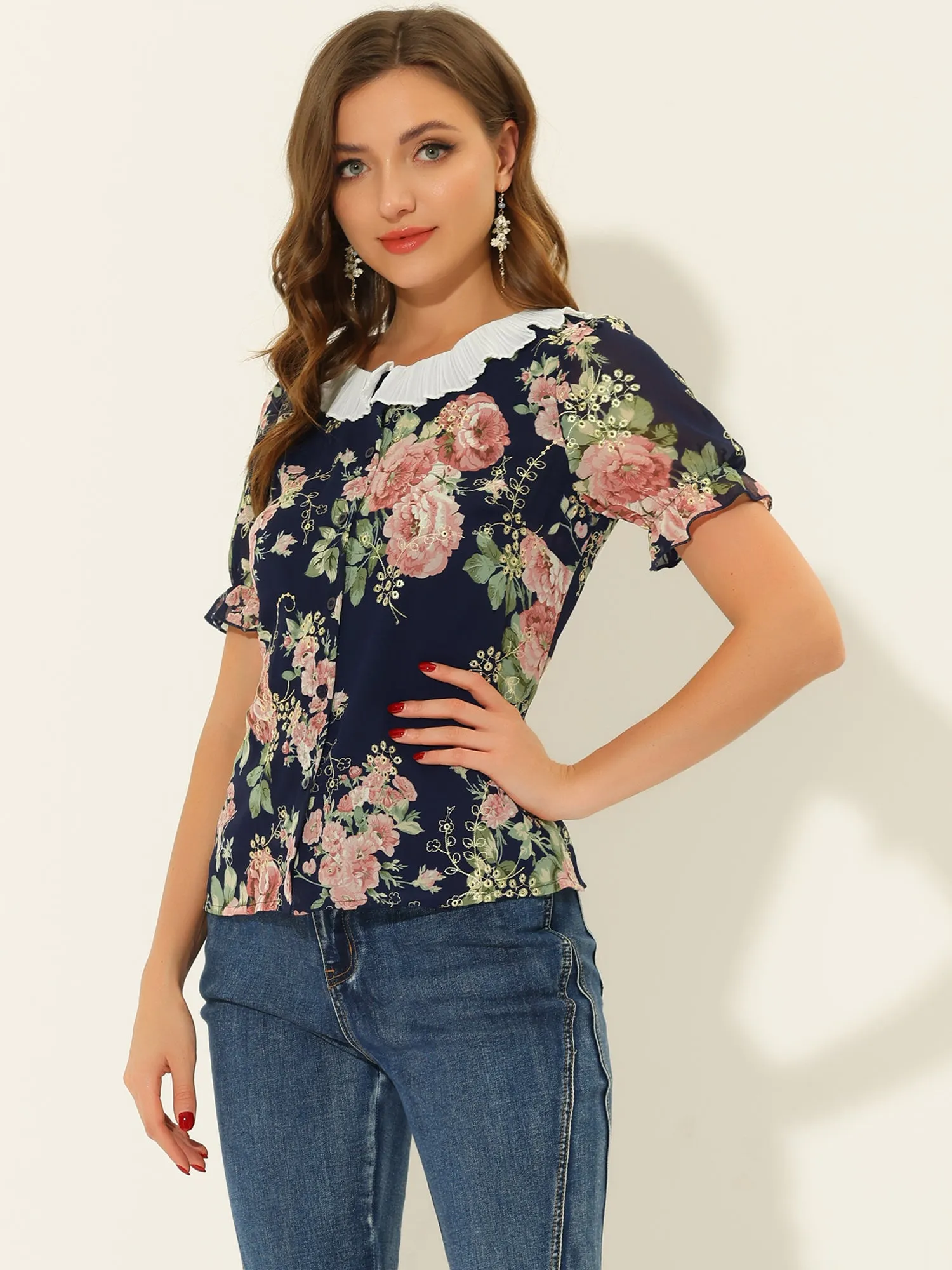 Vintage Floral Blouse Ruffle Collar Puff Sleeve Button Down Shirt Top sold by Allegra K